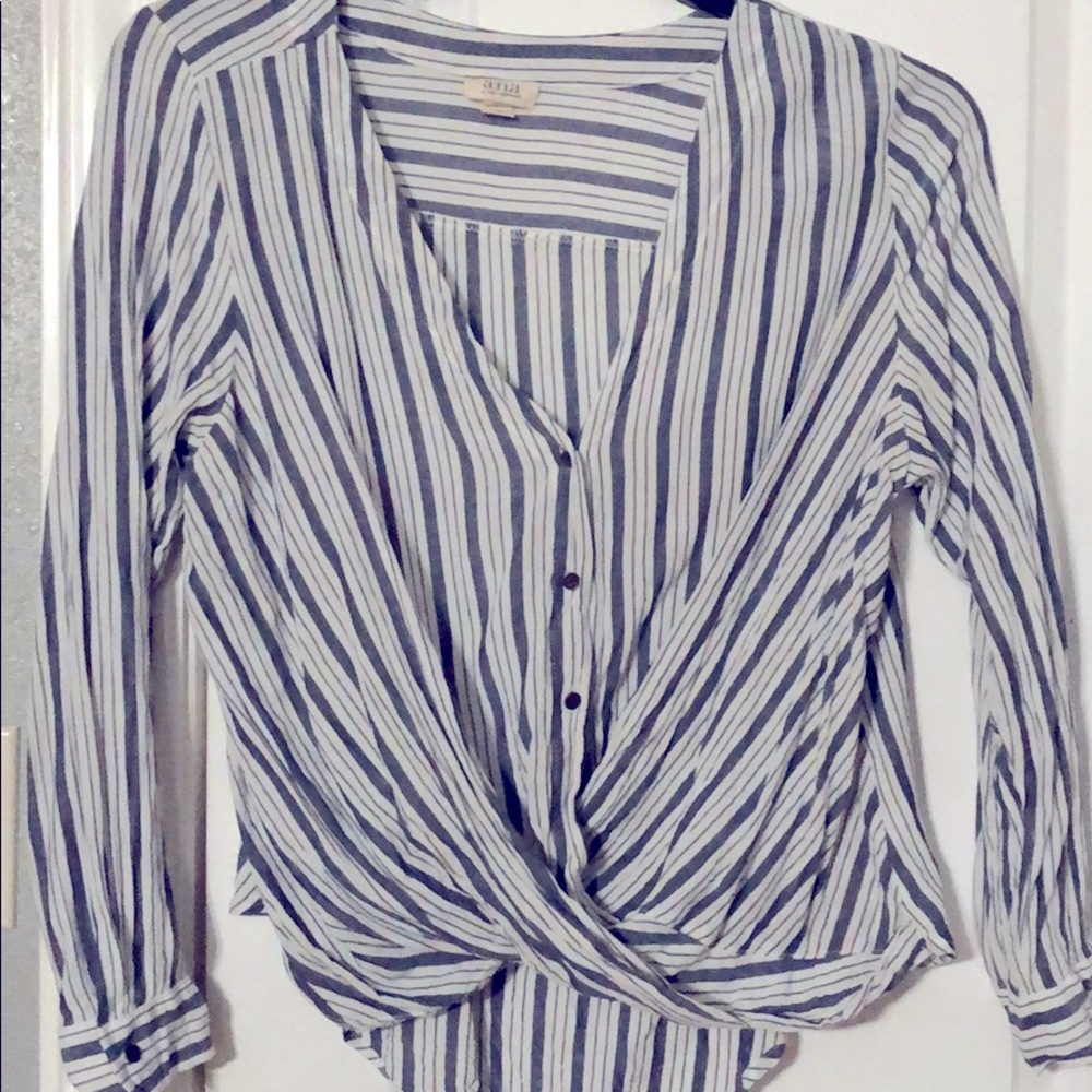 A.n.a blue and white striped long sleeve blouse